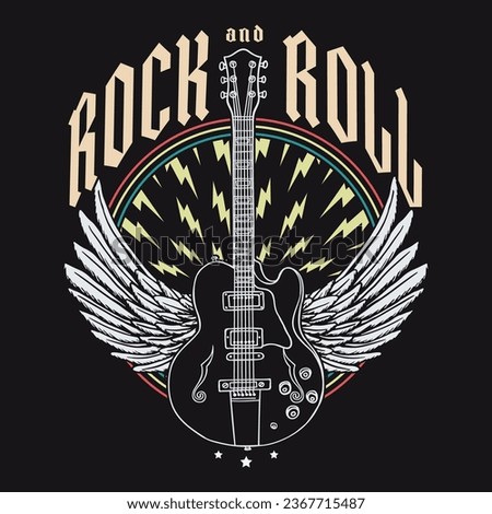 Rock And roll culture set colorful posters with guitars and Vintage Retro Musical instrument. Thunder icon Slogan. Electric guitar, roses, angel wings and music notes. Rock and roll t-shirt design.