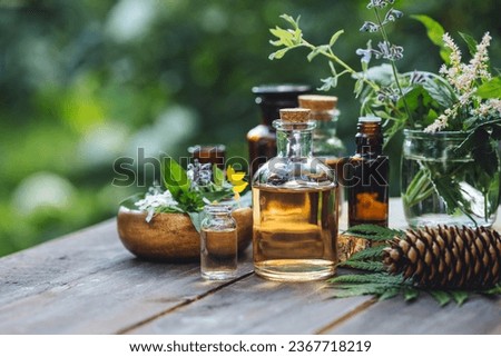 Concept of alternative herbal medicine. Bottles of tincture or potion, organic essential oils, dry healthy herbs, floral extracts on wooden table. Pure natural ingredients for cosmetic production Royalty-Free Stock Photo #2367718219