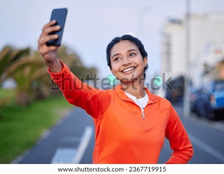 Selfie, woman and smile in street for profile picture, internet post and social media outdoor in nature with technology. City, girl and happiness in urban town for relax, freedom and cheerful online