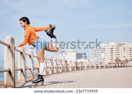 Roller skate, stretching and mockup with a girl at the promenade on a blue sky background for the weekend. Fitness, beach and balance with a young person skating outdoor during summer on banner space