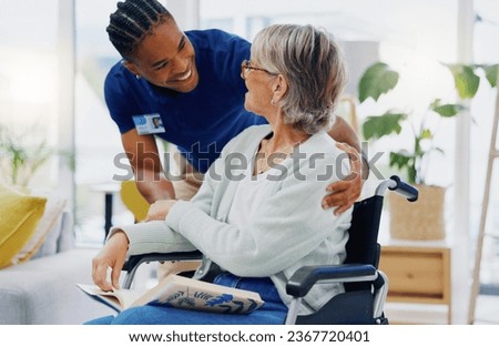 Black man, caregiver or old woman in wheelchair talking or speaking in homecare rehabilitation together. Medical healthcare advice or male nurse nursing or helping elderly patient with disability