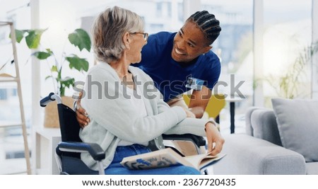 Black man, caregiver or old woman in wheelchair talking or speaking in homecare rehabilitation together. Medical healthcare advice or male nurse nursing or helping elderly patient with disability Royalty-Free Stock Photo #2367720435