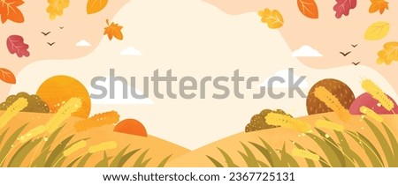 Autumn and country landscape background. Seasonal illustration vector of trees, flowers, mountain, cloud, grass with watercolor, brush texture. Design for for promotion, advertising, banner, card.