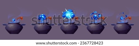Witch or wizard cauldron explosion and smoke sequence. Animation sprite sheet of magic potion blast and steam cloud puff effect. Cartoon game vector illustration of pot with fantasy elixir brew.