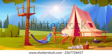 Mountain camp tent in summer forest illustration background. Outdoor nature scene for tourism adventure or trekking expedition cartoon vector landscape. Hammock in camping park for alpine holiday Royalty-Free Stock Photo #2367728457