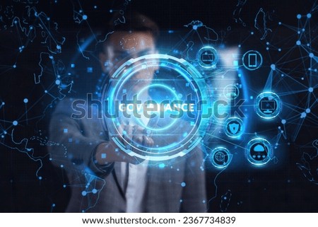 Business, technology, internet and network concept. Young businessman thinks over the steps for successful growth: Governance Royalty-Free Stock Photo #2367734839