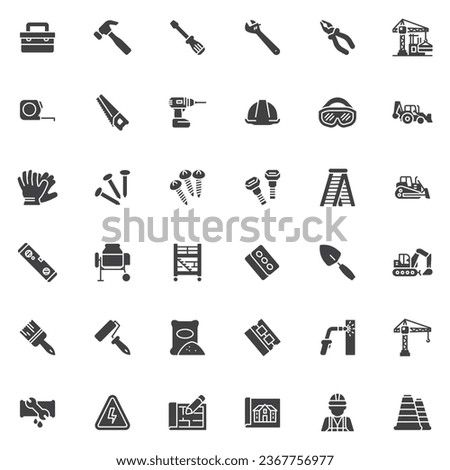 Tools and construction vector icons set, modern solid symbol collection, filled style pictogram pack. Signs, logo illustration. Set includes icons as construction worker, safety workwear, tool box