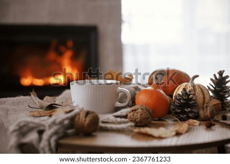 Warm cup of tea, pumpkins, autumn leaves, cozy scarf on rustic wooden table on background of burning fireplace. Hygge fall home, rural banner. Autumn still life. Happy Thanksgiving