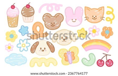 Pastel doodle drawing of animals such as puppy, teddy bear, bunny, butterfly and cat, flowers, rainbow cupcake, star and cherry for sticker, logo, icon, tattoo, fabric print, ads, decoration, post
