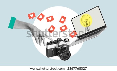 Contemporary art collage of female hand taking photo with camera and laptop. Icons of likes. Concept of creativity and ideas, social media, influence, popularity, inspiration. Modern design