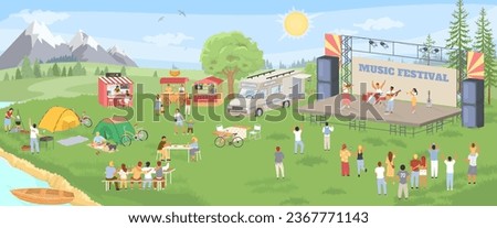 Music festival outdoors party event in park scene. Vector illustration of open-air cultural entertainment with live performance of musical group on stage in public place with people visitors Royalty-Free Stock Photo #2367771143