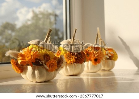 Small pumpkins with beautiful flowers and spikelets on white wooden window sill indoors