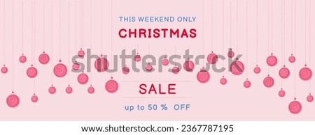 Christmas sale background . Vector hand srawn Christamas balls frame with copy space. Suitable for email header, post in social networks, advertising, events and page cover, banner, background Royalty-Free Stock Photo #2367787195