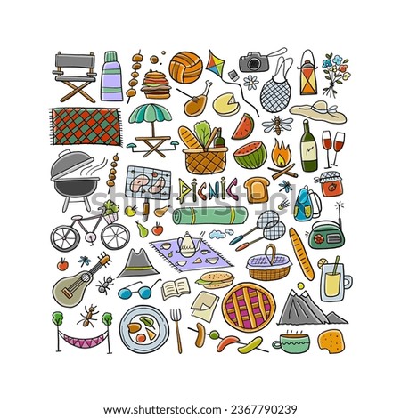 Picnic day. Outdoor relax design elements - Basket, drinks, food, game, sport. Vector illustration