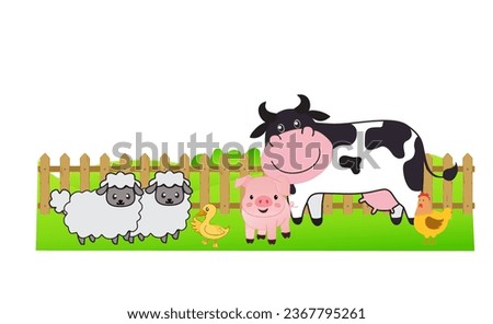 various types of livestock on the farm, illustration of a view of a farm, cows, ducks, chickens, pigs, sheep
