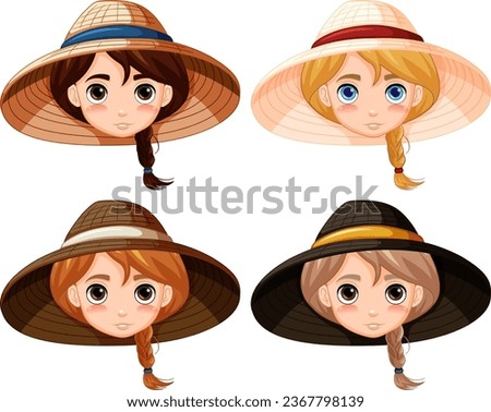A set of cartoon girls wearing traditional Vietnamese hats.