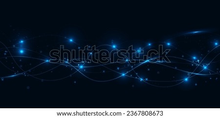 Abstract blue shiny light lines and waves. Light effect of movement with snowflakes and stars. Light everyday glow effect. Vector illustration dark background. Royalty-Free Stock Photo #2367808673
