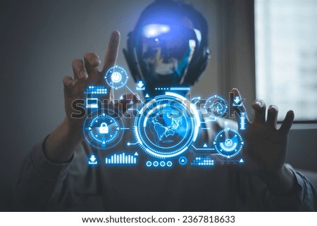 Digital transformation technology strategy, IoT, internet of things. man Wearing AR Headset Design touching futuristic in the digital age, enhancing global business capabilities. AR technology.