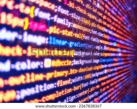 Computer script coding source code on desktop monitor. Innovative startup project. Admin access to data. Mobile app developer. Web developer programmer monitor screen display. Computer program