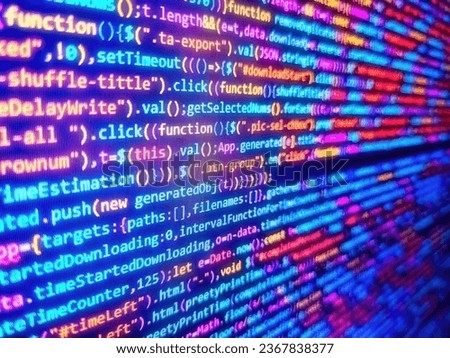 Digital binary data on computer screen. Abstract source code background. Developer occupation work photo. Programming code typing. Abstract computer script  code. Writing program code on computer