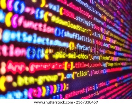 Abstract computer script source code. Screen of web developing javascript code. Real software development code. Technology concept hex code digital background. Notebook closeup photo. Blue color
