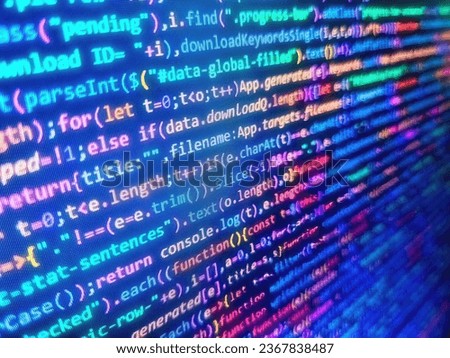 Big data database app. Business background. Code on dark background. Admin access to data source. Programming code on computer monitor. Binary and source code malware background. Computer script