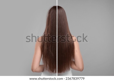 Photo of woman divided into halves before and after hair treatment on grey background, back view