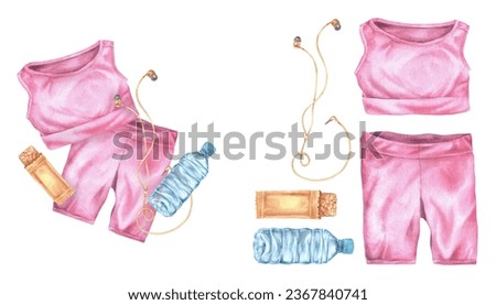Fitness set. Watercolor illustration of women's pink sports wear and snack. Hand drawn clip art on isolated background. Drawing of a workout clothes with protein cereal bar and a water bottle.