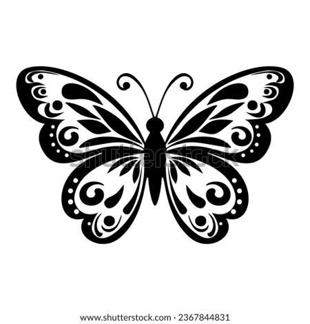 Insect butterfly black silhouette, winged gorgeous isolated on white background. Line drawing, vintage and wild.