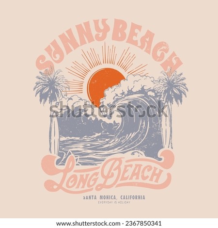 Vintage Beach Waves Graphic T-shirt design in vector format, this design insulted for Vintage typography waves text, modern palm tree, surf board, sun and big waves, use this design for T- shirt ,