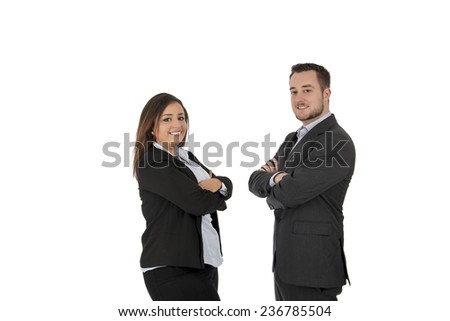 Happy business partners smiling against a white background