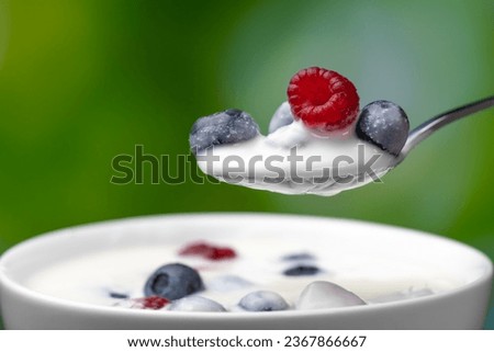 Spoon with Greek yogurt and blueberries, raspberries over a white bowl on a green blurred background, macro photography. Delicious healthy breakfast made from natural ingredients