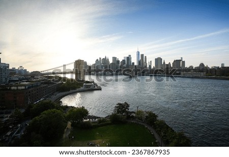 Landmarks of New York. Wide angle photo from Manhattan to Brooklyn Bridge during a beautiful sunny day in New York.