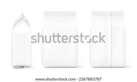 Vertical bag mockup. Flat bottom gusset bag. Front, rear and side view. High realistic. Vector illustration isolated on grey background. Ready for use in presentation, promo, advertising and more.  Royalty-Free Stock Photo #2367883787