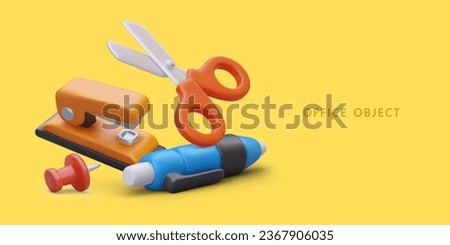 Office objects. Stationery in cartoon style. 3D scissors, stapler, pen, pin. Commercial poster on yellow background, place for text. Vector color concept