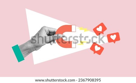 Art collage with female hand holding magnet magnetizing likes symbols isolated over pink background. Concept of social media influence, popularity and digital marketing