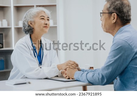 Asian female doctor and male patient talking health concept