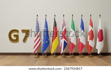 Flags of The Group of Seven (G7) is an intergovernmental political forum consisting of Canada, France, Germany, Italy, Japan, the United Kingdom and the United States; additionally, the European Union Royalty-Free Stock Photo #2367924817