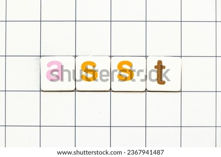 Colorful tile letter in word ASST (abbreviation of assistant) on white grid background