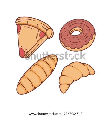 Food Collection Set of Pizza, Donut, Bread and Croissant