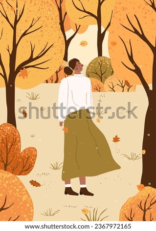 woman stay under autumn trees. card with a female staing on the ground. Young girl are resting in the autumn forest. Flat vector illustration Royalty-Free Stock Photo #2367972165