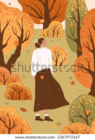 woman stay under autumn trees. card with a female staing on the ground. Young girl are resting in the autumn forest. Flat vector illustration Royalty-Free Stock Photo #2367972167