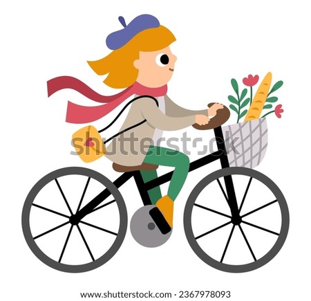 Girl in beret and scarf riding bike with basket with flowers and baguette. Vector illustration of woman. Cute French character icon isolated on white background
