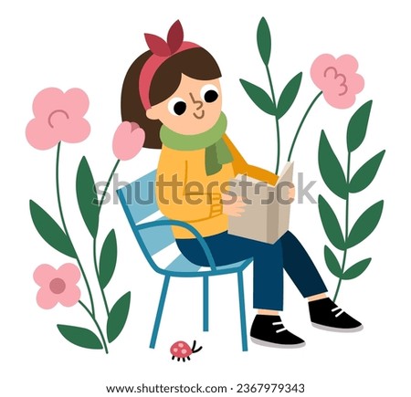 Girl in scarf reading a book on French chair in the park among flowers. Vector illustration of woman. Cute character icon isolated on white background
