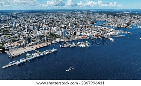 Downtown Manaus Brazil. Capital city of Amazonas State near Amazon river and Amazon forest. Tropical destination. Tropical travel. Tourism landmark. Outdoors urban scenery downtown Manaus Brazil. Royalty-Free Stock Photo #2367996411