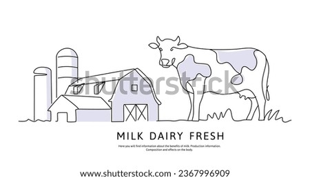Cow with barn line art drawing. Minimalist black linear sketch