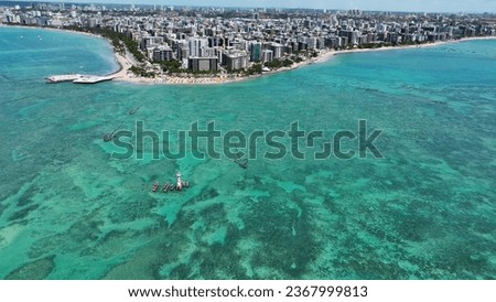 Maceio Alagoas Brazil at brazilian Northeast. Aerial panning shoot of turquoise water beach at Maceio Alagoas Brazil. Landmark beach tourism sights. Travel destination Royalty-Free Stock Photo #2367999813
