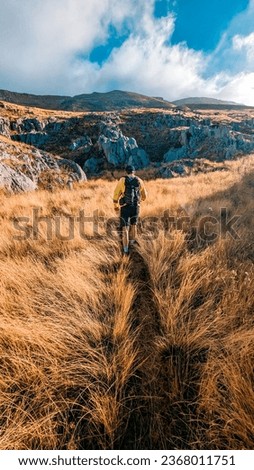 "Ascending to Great Heights: A Trekker's Sojourn Towards the Summit of Collarada in the Aragonese Pyrenees, Surrounded by the Enchanting Autumnal Can

 Royalty-Free Stock Photo #2368011751