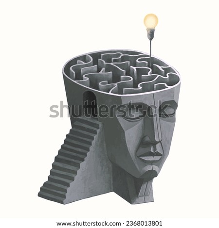 Human head, lightbulb and maze, Mental health, brain, psychology concept art, 3d illustration, surreal mystery artwork, imagination painting, conceptual idea of success Royalty-Free Stock Photo #2368013801