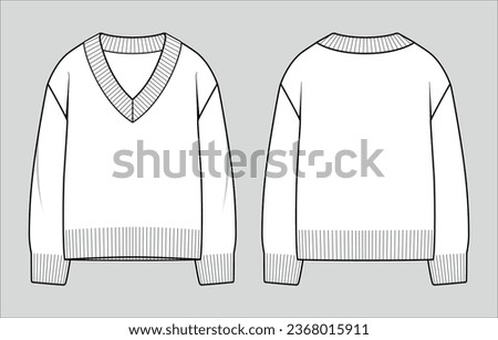 V-Neck jumper. Women's oversized knit sweater. Vector technical sketch. Mockup template. Royalty-Free Stock Photo #2368015911